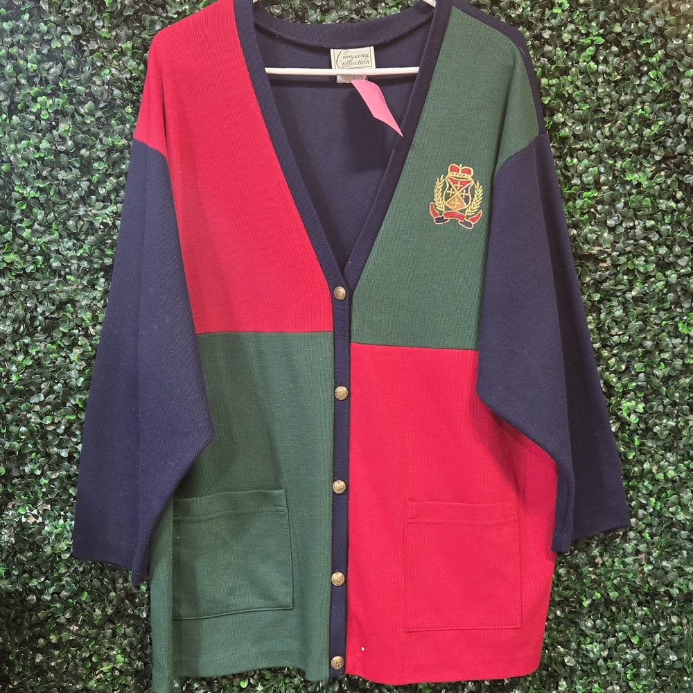 Colorblock Cardigan with Embroidered Crest